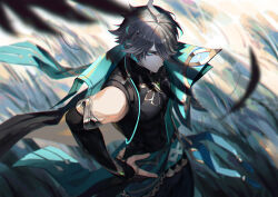 Rule 34 | 1boy, ahoge, alhaitham (genshin impact), antenna hair, aqua eyes, aqua hair, armlet, belt, black gloves, black pants, black shirt, blue belt, blue cape, blue sash, bridal gauntlets, cable, cape, chest jewel, closed mouth, colored inner hair, compression shirt, covered abs, cowboy shot, egggg233333, facing to the side, fingerless gloves, gem, genshin impact, gloves, gold trim, green gemstone, grey hair, hair between eyes, hair over one eye, hand on own hip, headphones, jewelry, looking at viewer, male focus, mandarin collar, multicolored eyes, multicolored hair, multiple rings, one eye covered, pants, parted bangs, partially fingerless gloves, pectorals, ring, sash, shirt, short hair, sidelocks, single bare shoulder, sleeveless, sleeveless shirt, solo, standing, streaked hair, swept bangs, thumb ring, toned, toned male, two-tone hair