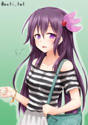 Rule 34 | 10s, 1girl, alternate costume, anti (untea9), bag, bare shoulders, bracelet, casual, collarbone, contemporary, crescent, crescent moon, green background, hair ornament, handbag, highres, jewelry, jpeg artifacts, kantai collection, kisaragi (kancolle), long hair, looking at viewer, moon, off-shoulder shirt, off shoulder, open mouth, purple eyes, purple hair, shirt, simple background, solo, striped clothes, striped shirt, twitter username