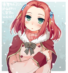 Rule 34 | 1girl, 2016, blush, bow, capelet, coat, dated, eleanor hume, fur trim, green eyes, hoshihuri, long hair, open mouth, pink hair, snowing, solo, tales of (series), tales of berseria, turtleneck, twintails
