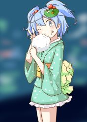 Rule 34 | 1girl, ;p, alternate costume, blue eyes, blue hair, blush, blush stickers, cotton candy, food, food on face, gradient background, hair bobbles, hair ornament, highres, japanese clothes, kappa mask, kawashiro nitori, kimono, long sleeves, looking at viewer, mask, matching hair/eyes, no headwear, obi, one eye closed, sash, short hair, skirt, skirt set, sokutenkun, solo, tongue, tongue out, touhou, two side up, v, wide sleeves