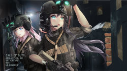 Rule 34 | 2girls, alternate hair color, battle rifle, black gloves, blue eyes, call of duty, call of duty 4, commentary, commentary request, crossover, english commentary, english text, gloves, gun, handgun, hatsune miku, hatsune miku (vocaloid4) (chinese), head-mounted display, headset, helmet, highres, icefurs, lens flare, load bearing vest, long hair, magazine (weapon), megurine luka, military operator, mixed-language commentary, multiple girls, night, night vision, pink hair, pistol, purple hair, reloading, rifle, trigger discipline, vocaloid, weapon