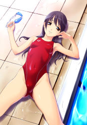 Rule 34 | 1girl, arena (company), armpits, breasts, brown hair, competition swimsuit, covered navel, covered erect nipples, from above, goggles, unworn goggles, highleg, highleg swimsuit, legs, long hair, lying, norizou type-r, on back, one-piece swimsuit, original, pool, poolside, purple eyes, small breasts, smile, solo, swimsuit, tiles, wet