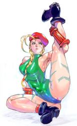 Rule 34 | 1990s (style), 1girl, abs, antenna hair, beret, blonde hair, blue eyes, boots, braid, breasts, cameltoe, cammy white, combat boots, covered navel, flexible, full body, hair between breasts, hair over shoulder, hat, leg up, leotard, long hair, long legs, medium breasts, red socks, retro artstyle, scar, sitting, skin tight, sleeveless, socks, solo, street fighter, street fighter ii (series), stretching, thick thighs, thighs, toned, twin braids, ukatsu juuzou, very long hair, white background