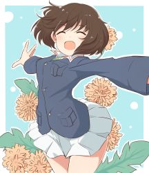 Rule 34 | 10s, 1girl, ^ ^, akiyama yukari, blue jacket, brown eyes, brown hair, cbgb, closed eyes, cowboy shot, facing viewer, flower, flower request, girls und panzer, green shirt, highres, jacket, long sleeves, messy hair, military, military uniform, miniskirt, ooarai military uniform, open mouth, outline, outside border, outstretched arms, pleated skirt, pocket, shirt, short hair, skirt, smile, solo, spread arms, standing, uniform, white skirt