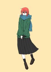 Rule 34 | 1girl, absurdres, black hands, black skirt, black socks, blue scarf, brown footwear, closed mouth, colored extremities, delfuze, full body, green eyes, green sweater, hatori chise, highres, jewelry, long sleeves, mahou tsukai no yome, pleated skirt, red hair, ring, scarf, shoes, simple background, skirt, smile, socks, solo, sweater, wedding ring, yellow background