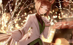 Rule 34 | 1girl, animal ears, black necktie, blurry, blurry background, blush, breasts, brown hair, buttons, city lights, clover hair ornament, commentary request, double-breasted, fine motion (umamusume), gloves, green eyes, green vest, hair between eyes, hair ornament, horse ears, horse girl, horse tail, jacket, long sleeves, looking at viewer, medium breasts, necktie, open mouth, outdoors, outstretched hand, smile, solo, tail, umamusume, vest, white gloves, white hair, white jacket, yoimoriyoru