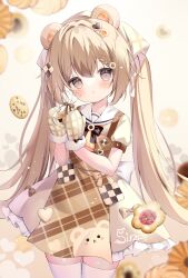 Rule 34 | 1girl, animal ears, bear ears, brown dress, brown eyes, cookie, cowboy shot, dress, food, fujii shino, light brown hair, original, solo, thighhighs, twintails, white day, white thighhighs