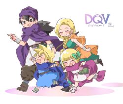 Rule 34 | 2boys, 2girls, amagiri dia, belt, bianca (dq5), black eyes, black hair, blonde hair, blue cloak, blue tunic, blunt bangs, blush, boots, bow, bracelet, braid, breasts, cape, child, cloak, closed eyes, closed mouth, commentary request, dated, dragon quest, dragon quest v, dress, earrings, family, father and daughter, father and son, full body, gloves, green bow, green dress, hair behind ear, hair bow, happy, hero&#039;s daughter (dq5), hero&#039;s son (dq5), hero (dq5), holding, holding staff, husband and wife, jewelry, large breasts, long hair, low ponytail, mother and daughter, mother and son, multiple boys, multiple girls, neck ring, open mouth, orange cape, pink cloak, pink dress, pointing, pointing forward, purple cloak, purple headwear, running, short hair, single braid, sleeveless, sleeveless dress, smile, spiked hair, staff, turban, white background, white gloves, white tunic