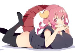 Rule 34 | 1girl, black shirt, black thighhighs, breasts, cleavage, commentary request, dragon girl, dragon horns, dragon tail, horns, huge breasts, ilulu (maidragon), kobayashi-san chi no maidragon, long hair, looking at viewer, lying, on stomach, red eyes, red hair, shirt, simple background, slit pupils, smile, t-shirt, tail, thighhighs, tottotonero, white background