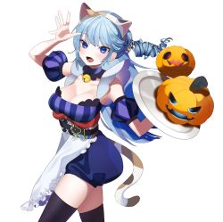 Rule 34 | 1girl, :d, animal costume, animal ears, apron, bell, blue eyes, blue hair, breasts, calico, cat costume, cat ears, cat tail, choker, cleavage, detached sleeves, drill hair, fake animal ears, fake tail, fang, food, hairband, halloween, hand up, holding, holding tray, indie virtual youtuber, jack-o&#039;-lantern, koe 01 03, large breasts, long hair, looking at viewer, neck bell, open mouth, puff and slash sleeves, puffy sleeves, pumpkin, scrunchie, short sleeves, shorts, smile, solo, tail, thighhighs, tray, trick or treat, tsubakino comachi, underbust, very long hair, virtual youtuber, waist apron