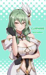 Rule 34 | 1girl, absurdres, archeland, bare shoulders, black gloves, braid, breasts, claphare (archeland), cleavage, closed mouth, clothing cutout, dress, gloves, gold trim, green hair, hair ornament, hair over shoulder, hand up, highres, large breasts, off-shoulder dress, off shoulder, smile, solo, stomach cutout, twomoon, underboob, underboob cutout, upper body, white dress, yellow eyes