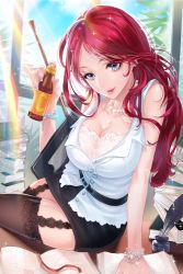 Rule 34 | 1girl, arm support, bad id, bad pixiv id, bare shoulders, bead bracelet, beads, belt, black skirt, black thighhighs, blouse, book, book stack, bookmark, bottle, bracelet, breasts, buttons, cleavage, desk, earrings, eyelashes, fingernails, garter straps, gem, grey eyes, highres, holding, holding bottle, indoors, inkwell, jewelry, kkmi, lace, lace-trimmed legwear, lace trim, large breasts, light rays, light smile, long hair, looking at viewer, makeup, mascara, miniskirt, nail polish, necklace, on desk, open book, parted bangs, parted lips, partially unbuttoned, pearl (gemstone), pearl bracelet, pearl necklace, pencil skirt, pink lips, purple nails, quill, rainbow, red hair, rihanna (sword girls), shirt, sitting, on desk, skirt, sleeveless, solo, sparkle, sunbeam, sunlight, sword girls, thighhighs, white shirt, window