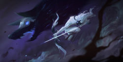 Rule 34 | 1boy, 1girl, arrow (projectile), bcopy, blurry, blurry foreground, bow, bow (weapon), branch, furry, furry female, highres, holding, holding arrow, holding bow (weapon), holding weapon, kindred (league of legends), lamb (league of legends), league of legends, long hair, mask, open mouth, weapon, wolf (league of legends)