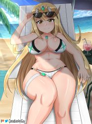 Rule 34 | adapted costume, bare legs, bikini, blonde hair, breasts, canadiananiguy, chest jewel, earrings, headpiece, highres, jewelry, large breasts, long hair, mythra (radiant beach) (xenoblade), mythra (xenoblade), swept bangs, swimsuit, thigh strap, tiara, very long hair, xenoblade chronicles (series), xenoblade chronicles 2, yellow eyes