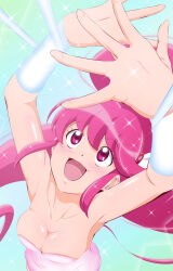 Rule 34 | 1girl, :d, aino megumi, armpits, arms up, blush, breasts, cleavage, collarbone, cure lovely, dress, earrings, floating hair, fuchi (nightmare), happinesscharge precure!, highres, jewelry, long hair, medium breasts, open mouth, pink dress, precure, red eyes, red hair, short dress, smile, solo, strapless, strapless dress, tube dress
