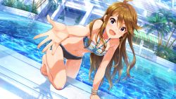 Rule 34 | 1girl, ahoge, artist request, barefoot, bikini, blue eyes, blush, bracelet, breasts, brown hair, cleavage, collarbone, day, feet, idolmaster, idolmaster million live!, idolmaster million live! theater days, jewelry, long hair, looking at viewer, medium breasts, navel, official art, open mouth, outdoors, outstretched hand, palm tree, partially submerged, pool, pool ladder, poolside, smile, solo, sunlight, swimsuit, toes, tokoro megumi, tree, wading, water, wet, wet hair