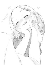 Rule 34 | 1girl, 1other, blush, closed eyes, forehead, greyscale, hands on another&#039;s cheeks, hands on another&#039;s face, happy, heart, highres, holding hands, long hair, monochrome, open mouth, original, parted bangs, ryo chimo, short eyebrows, sketch, smile, solo focus