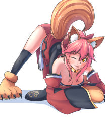 Rule 34 | 1girl, absurdres, animal ear fluff, animal ears, animal hands, arched back, arm rest, ass, bare shoulders, bell, breast press, breasts, cat paws, cleavage, detached sleeves, fang, fate/grand order, fate (series), flexible, fox ears, fox girl, fox tail, full body, gloves, hair ribbon, hands on ground, highres, jack-o&#039; challenge, japanese clothes, jingle bell, kimono, kouno ibuki, large breasts, looking at viewer, meme, neck bell, one eye closed, open mouth, paw gloves, paw shoes, pink hair, ponytail, red kimono, red ribbon, ribbon, shadow, shoes, simple background, solo, spread legs, stretching, tail, tamamo (fate), tamamo cat (fate), top-down bottom-up, translation request, white background, wide spread legs, yellow eyes