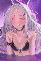 Rule 34 | 1girl, absurdres, ahoge, arm strap, armlet, bikini, black bikini, black hair, blue archive, blush, bow, bow bikini, breasts, choker, cleavage, clenched teeth, curled horns, demon horns, dripping, embarrassed, full-face blush, grey hair, grin, hair flowing over, hair ornament, hairclip, hairpin, half-closed eyes, halo, highres, hina (blue archive), horns, lace, lace trim, long hair, looking at viewer, milky way, multiple horns, one side up, parted bangs, partially submerged, purple eyes, sky, small breasts, smile, solo, star (sky), starry sky, strap gap, swimsuit, tarutaru (ryousuke), teeth, very long hair, water drop