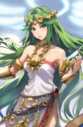 Rule 34 | 1girl, ancient greek clothes, armlet, athenawyrm, bare shoulders, breasts, chiton, circlet, collarbone, dress, forehead jewel, green eyes, green hair, highres, jewelry, kid icarus, kid icarus uprising, long hair, medium breasts, neck ring, nintendo, palutena, parted bangs, pendant, solo, strapless, strapless dress, vambraces, very long hair, white dress