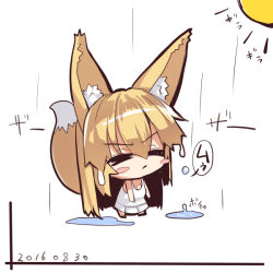 Rule 34 | 1girl, animal ears, annoyed, bare arms, blonde hair, blush stickers, breasts, chibi, cleavage, closed eyes, closed mouth, dated, fox ears, fox girl, fox tail, hair between eyes, long hair, original, pleated skirt, puddle, rain, shirt, sidelocks, skirt, sleeveless, sleeveless shirt, small breasts, solo, sun, tail, translation request, v-shaped eyebrows, very long hair, wet, wet hair, white shirt, white skirt, yuuji (yukimimi)