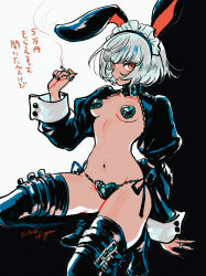 Rule 34 | 1girl, absurdres, akiyama enma, animal ears, black nails, boots, cigarette, collar, highres, holding, holding cigarette, jewelry, long sleeves, looking at viewer, maid headdress, nail polish, navel, orange eyes, original, panties, parted lips, pasties, puffy long sleeves, puffy sleeves, rabbit ears, rabbit tail, ring, short hair, smoking, solo, squatting, tail, thigh boots, thighhighs, underwear, white hair