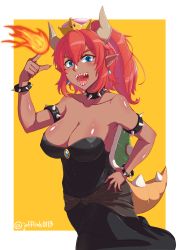 Rule 34 | 1girl, armlet, bare shoulders, black dress, blue eyes, bowsette, bracelet, breasts, cleavage, collar, collarbone, cream cod, crown, dark-skinned female, dark skin, dress, earrings, hand on own hip, highres, horns, index finger raised, jewelry, large breasts, looking at viewer, mario (series), new super mario bros. u deluxe, nintendo, open mouth, pointy ears, ponytail, red hair, sharp teeth, solo, spiked armlet, spiked bracelet, spiked collar, spikes, super crown, tail, teeth, twitter username, yellow background