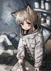 Rule 34 | 1girl, animal ears, brown eyes, brown hair, closed mouth, cooking, dutch angle, food, fox ears, fox girl, fox girl (yihan1949), fox tail, holding, holding knife, knife, looking at viewer, meat, original, shelf, solo, standing, tail, yihan1949