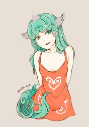 Rule 34 | 1girl, alternate costume, animal ears, arms behind back, bare arms, bare shoulders, breasts, collarbone, curly hair, dress, fangs, green eyes, green hair, head tilt, heart, highres, horns, komano aunn, long hair, looking at viewer, no bra, orange dress, shiratama (irodoli), simple background, single horn, small breasts, smile, solo, tail, touhou, twitter username, upper body