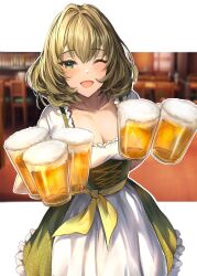 Rule 34 | 1girl, alcohol, beer, beer mug, blurry, blurry background, blush, bow, breasts, cleavage, collarbone, cup, dirndl, dot nose, dress, frilled dress, frills, german clothes, green dress, green eyes, highres, holding, idolmaster, idolmaster cinderella girls, idolmaster cinderella girls starlight stage, looking at viewer, medium breasts, mole, mole under eye, mug, nyome991, one eye closed, open mouth, photo (object), ribbon, short hair, short sleeves, smile, solo, takagaki kaede, waist bow, yellow ribbon