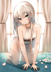 Rule 34 | 1girl, absurdres, all fours, bad id, bad pixiv id, bag, bare shoulders, breasts, curtains, food, grey eyes, grey hair, highres, huge filesize, long hair, looking at viewer, marshmallow, mouth hold, onigirisss, original, small breasts, solo, thighhighs, white thighhighs, window