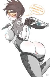 Rule 34 | 1girl, artist name, ass, back, blush, bodysuit, breasts, covered erect nipples, fatelogic, from behind, goggles, gun, highres, looking at viewer, looking back, naughty face, nipples, overwatch, overwatch 1, pussy, short hair, sideboob, smile, solo, speech bubble, teeth, torn clothes, tracer (overwatch), uncensored, vest, weapon, white background