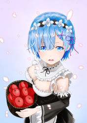 Rule 34 | 10s, 1girl, apple, basket, blue eyes, blue hair, blush, breasts, detached sleeves, dress, food, frills, from above, from side, fruit, hair ornament, hair over one eye, highres, looking at viewer, maid, maid headdress, matching hair/eyes, md5 mismatch, medium breasts, open mouth, parsue, re:zero kara hajimeru isekai seikatsu, rem (re:zero), short hair, solo, x hair ornament