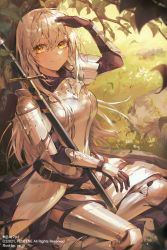 Rule 34 | 1girl, arm up, armor, artist name, black gloves, blonde hair, breastplate, breasts, commentary request, company name, copyright name, faulds, gauntlets, gloves, grass, greaves, hair between eyes, highres, leaf, long hair, looking at viewer, metal, official art, orange eyes, original, outdoors, poleyn, salute, shoulder armor, sitting, smile, solo, sword, tree, vambraces, weapon, ye jji