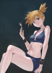 1girl asymmetrical_hair bare_legs bare_shoulders bikini bikini_shorts blonde_hair blue_bikini blue_shorts breasts cleavage closed_mouth collarbone creatures_(company) crop_top crossed_legs feet_out_of_frame female_focus game_freak green_eyes holding holding_poke_ball legs looking_at_viewer medium_breasts midriff misty_(pokemon) navel nintendo orange_hair poke_ball poke_ball_(basic) pokemon pokemon_(anime) pokemon_(classic_anime) pokemon_frlg pokemon_rgby ponytail shirt short_hair short_shorts shorts side_ponytail simple_background sitting smile solo stomach swimsuit thighs wristband