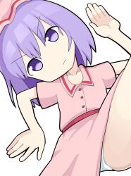 Rule 34 | 1girl, belt, buttons, collared dress, commentary request, cookie (touhou), dress, feet out of frame, flat chest, hisaka (cookie), hospital king, looking at viewer, medium bangs, medium hair, panties, pink dress, purple eyes, purple hair, red belt, remilia scarlet, simple background, solo, touhou, underwear, v-shaped eyebrows, white background, white panties