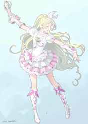 Rule 34 | 1girl, absurdres, aqua background, arm warmers, artist name, blonde hair, boots, braid, brooch, choker, closed eyes, cross-laced footwear, cure rhythm, dated, dress, earrings, frilled dress, frills, full body, hairband, heart, heart brooch, highres, jewelry, long hair, magical girl, minamino kanade, nonitate, open mouth, outstretched arms, pink dress, ponytail, precure, puffy short sleeves, puffy sleeves, short sleeves, side braid, simple background, smile, solo, suite precure, white choker, white dress, white footwear, white hairband