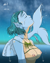 Rule 34 | 1girl, aqua hair, artist request, blue hair, blue skin, breasts, colored skin, completely nude, closed eyes, gills, jewelry, mermaid, monster girl, necklace, nipples, nude, rain, solo, tail, upper body, water