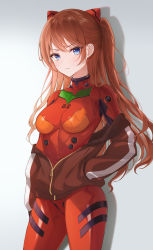 Rule 34 | 1girl, absurdres, blue eyes, blush, bodysuit, bodysuit under clothes, breasts, brown hair, brown jacket, closed mouth, commentary, cowboy shot, evangelion: 3.0 you can (not) redo, grey background, hand in pocket, headgear, highres, interface headset, jacket, lebring, long hair, long sleeves, looking at viewer, medium breasts, neon genesis evangelion, off shoulder, open clothes, open jacket, partially unzipped, pilot suit, plugsuit, rebuild of evangelion, red bodysuit, serious, shadow, sidelocks, silhouette, solo, souryuu asuka langley, standing, track jacket, turtleneck, two side up, v-shaped eyebrows, very long hair