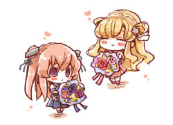 Rule 34 | 2girls, blonde hair, blush stickers, bouquet, brown eyes, chibi, commentary request, double bun, dress, fletcher (kancolle), flower, hair ornament, hairband, heart, holding, holding bouquet, johnston (kancolle), kantai collection, light brown hair, long hair, miko (35nikomi), multiple girls, purple eyes, star (symbol), star hair ornament, two side up