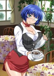 Rule 34 | 1girl, aqua eyes, blue hair, breasts, cleavage, closed mouth, coffee, coffee cup, collarbone, cup, disposable cup, dot nose, eyepatch, holding, holding plate, ikkitousen, indoors, legs, looking at viewer, mole, mole under mouth, plate, ryomou shimei, short hair, skirt, smile, solo, spoon, standing, tray, waitress, window