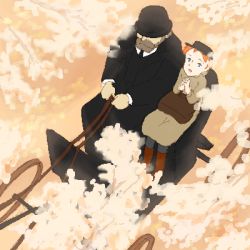 Rule 34 | 1boy, 1girl, age difference, anne of green gables, anne shirley, arumei (arumeisakufan), bag, carriage, flower, from above, own hands clasped, hat, looking up, lowres, matthew cuthbert, official style, old, old man, own hands together, world masterpiece theater