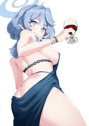 Rule 34 | 1girl, absurdres, ako (blue archive), ako (dress) (blue archive), alcohol, ass, backless dress, backless outfit, bare back, blue archive, blue dress, blue eyes, blue hair, blue halo, bracelet, breasts, butt crack, closed mouth, cup, dress, drinking glass, halo, highres, holding, holding cup, jewelry, large breasts, looking at viewer, official alternate costume, oinari (koheihei1109), paid reward available, sideboob, sideless dress, sideless outfit, simple background, sleeveless, sleeveless dress, smile, white background, wine, wine glass