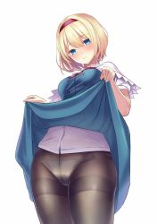 Rule 34 | 1girl, alice margatroid, amisu, black pantyhose, blonde hair, blue dress, blue eyes, blush, bow, bow panties, breasts, capelet, clothes lift, commentary request, cowboy shot, dress, dress lift, hair between eyes, hairband, head tilt, lifting own clothes, looking at viewer, lowleg, lowleg panties, medium breasts, o-ring, o-ring bottom, o-ring panties, panties, panties under pantyhose, pantyhose, puffy short sleeves, puffy sleeves, red hairband, red neckwear, ribbon, ribbon-trimmed panties, shirt, short hair, short sleeves, simple background, skindentation, skirt, skirt lift, solo, standing, string panties, thighband pantyhose, thighs, touhou, underwear, white background, white capelet, white panties, white shirt