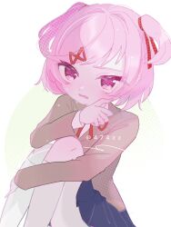 Rule 34 | 1girl, anzen robo (474zz), black skirt, blush, brown jacket, chromatic aberration, collared shirt, commentary request, crying, doki doki literature club, eyelashes, hair ornament, hair ribbon, hand up, jacket, knees up, long sleeves, looking at viewer, natsuki (doki doki literature club), neck ribbon, open mouth, pink eyes, pink hair, pleated skirt, red ribbon, ribbon, school uniform, shirt, short hair, sidelocks, sitting, skirt, solo, swept bangs, tears, two side up, wavy mouth, white shirt, x hair ornament