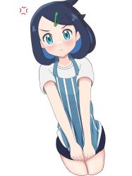 Rule 34 | 1girl, anger vein, apron, aqua eyes, black hair, black shorts, blush, closed mouth, commentary request, cowboy shot, creatures (company), frown, game freak, hair ornament, hairclip, highres, liko (pokemon), looking at viewer, nintendo, own hands together, pokemon, pokemon (anime), pokemon horizons, shirt, short sleeves, shorts, solo, t-shirt, thedarkestuno, white shirt