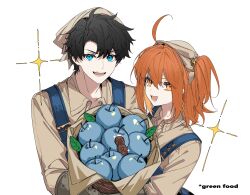 1boy 1girl :d ahoge apple arlizi basket black_hair blue_eyes blue_overalls brown_shirt collared_shirt curtained_hair english_text fate/grand_order fate_(series) food fruit fruit_basket fujimaru_ritsuka_(female) fujimaru_ritsuka_(male) gloves headscarf highres holding holding_basket long_sleeves looking_at_viewer open_mouth orange_hair overalls shirt side_ponytail simple_background smile sparkle teeth upper_body white_background yellow_eyes