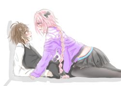 Rule 34 | 2boys, astolfo (fate), astolfo (memories at trifas) (fate), black legwear, black shirt, blush, braid, brown hair, commentary, fate/apocrypha, fate/grand order, fate (series), garter straps, h2o (@h2osu5), hair ribbon, jacket, long hair, male focus, multicolored hair, multiple boys, official alternate costume, pantyhose, pink hair, purple eyes, purple jacket, red eyes, ribbon, shirt, short hair, sieg (fate), single braid, striped clothes, striped shirt, thighhighs, trap, very long hair, white background