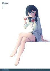 Rule 34 | 1girl, absurdres, arm support, artist name, barefoot, black hair, blazer, blue eyes, bow, bowtie, character name, copyright name, dated, frerl, full body, gridman universe, hand on own cheek, hand on own face, highres, jacket, legs, crossed legs, long hair, looking to the side, miniskirt, school emblem, school uniform, scrunchie, simple background, sitting, skirt, solo, ssss.gridman, takarada rikka, white background, wrist scrunchie