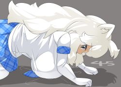 Rule 34 | 1girl, all fours, animal ear fluff, animal ears, blue necktie, blue skirt, blush, breasts, commentary request, cowboy shot, elbow gloves, gloves, grey background, grey eyes, huge breasts, kemono friends, lets0020, lion ears, lion girl, long hair, looking at viewer, looking to the side, medium bangs, miniskirt, necktie, numbered, pantyhose, plaid, plaid necktie, plaid skirt, pleated skirt, profile, shirt, simple background, skirt, solo, very long hair, white gloves, white hair, white lion (kemono friends), white pantyhose, white shirt